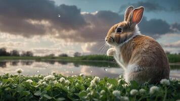 A serene rabbit stands by a tranquil pond, surrounded by clover flowers under a cloudy sky. photo