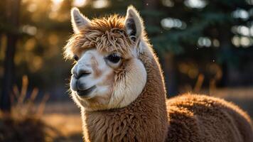 A close-up of a fluffy alpaca in a natural setting during golden hour. photo
