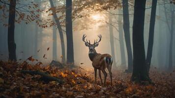 A deer stands in a misty forest during autumn, surrounded by fallen leaves and trees. photo
