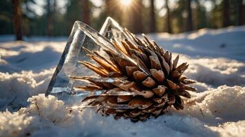 A pine cone rests on snow with two triangular ice formations in a forest setting. photo