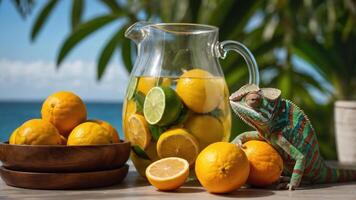 A pitcher of lemonade with lemons and a chameleon in a tropical setting. photo