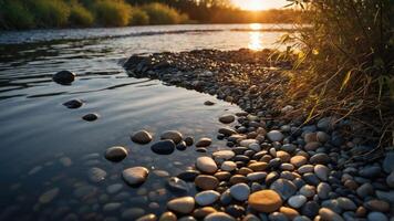 A serene riverside scene at sunset, featuring smooth pebbles and lush greenery. photo