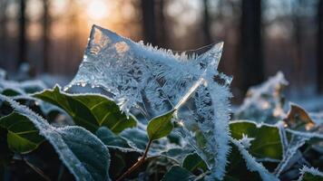 A close-up of frosty leaves with ice crystals, illuminated by soft sunlight in a forest. photo