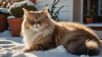 A fluffy cat resting in the snow, showcasing its majestic fur and serene expression. photo