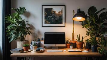 A cozy workspace featuring a computer, plants, and decorative items for productivity. photo