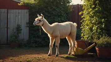 A llama stands in a sunlit garden near a watering can and plants. photo