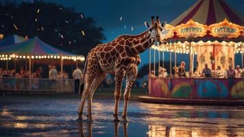 A giraffe stands in a carnival setting, reflecting colorful lights and a festive atmosphere. photo
