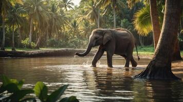 An elephant wades through a serene water body surrounded by lush palm trees. photo