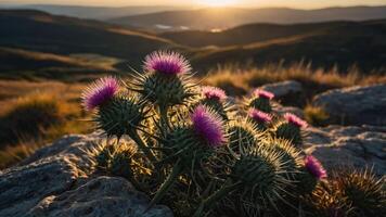 A close-up of thistles with purple flowers against a sunset backdrop in a hilly landscape. photo