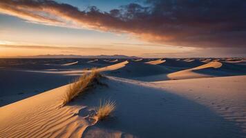 Serene desert landscape at sunset with rolling sand dunes and soft clouds. photo