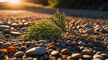A close-up of a green leaf resting on smooth pebbles with a sunset in the background. photo