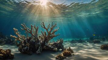 Underwater scene showcasing coral formations with sunlight rays filtering through water. photo