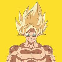 SSJ Goku illustration with battle damage, full color, and yellow background vector
