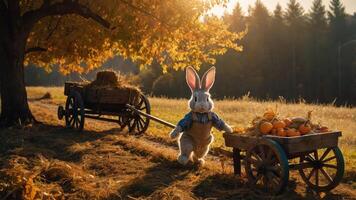 A whimsical rabbit with large ears pulls a cart filled with pumpkins in an autumn landscape. photo