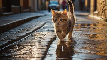 A playful kitten walks through a sunlit cobblestone street, splashing in puddles. photo