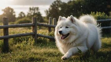 A fluffy Samoyed dog joyfully running in a sunlit grassy field near a wooden fence. photo