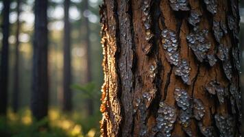 Close-up of a textured tree trunk in a serene forest setting with soft lighting. photo