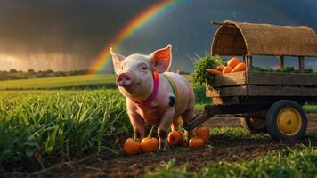 A pig stands beside a cart filled with vegetables under a rainbow in a lush field. photo