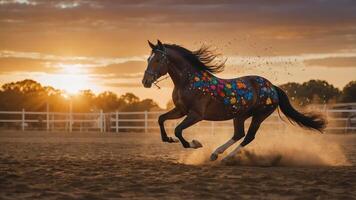 A decorated horse gallops in a sunset-lit arena, showcasing vibrant colors and dynamic movement. photo