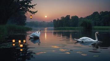 Serene lake at dusk with swans, lanterns, and a rising moon reflecting on the water. photo