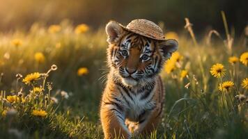 A playful tiger cub wearing a straw hat in a field of dandelions during golden hour. photo