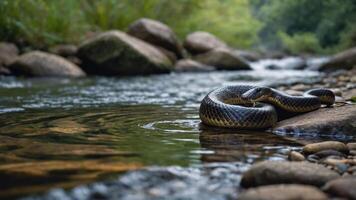 A snake resting on a rock near a serene stream, surrounded by nature. photo