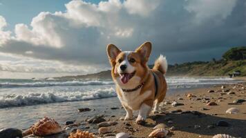 A happy corgi walking along a beach with seashells and waves in the background. photo