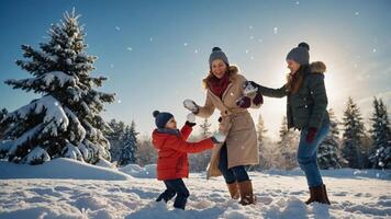 A joyful winter scene with a family playing in the snow, capturing a moment of fun. photo