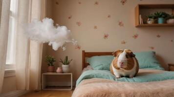 A guinea pig sits on a bed in a cozy room with plants and a whimsical cloud. photo