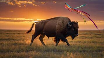 A bison runs across a field at sunset, adorned with colorful ribbons. photo