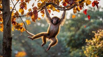 A monkey hangs from a tree branch amidst colorful autumn leaves. photo