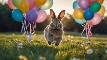 A rabbit joyfully leaps in a field surrounded by colorful balloons. photo