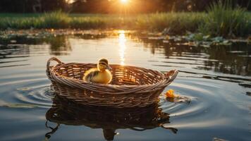 A duckling peacefully floats in a woven basket on a serene pond at sunset. photo