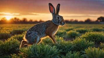A rabbit hops through a green field at sunset, capturing a serene moment in nature. photo
