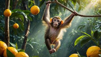 A playful monkey hanging from a branch in a vibrant, sunlit orchard filled with oranges. photo