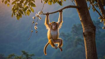 A monkey hanging from a branch in a natural setting during sunset. photo