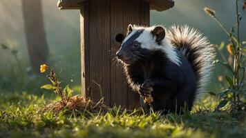 A skunk stands near a birdhouse in a sunlit grassy area. photo