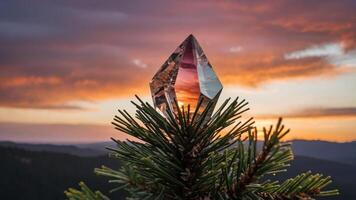 A crystal atop a pine branch against a colorful sunset backdrop. photo