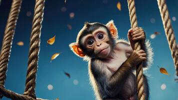 A young monkey clings to a rope, surrounded by falling leaves in a whimsical setting. photo