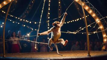 A monkey performs in a circus ring under bright lights, entertaining an audience. photo