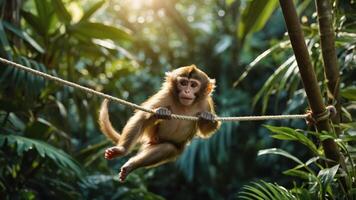 A monkey hanging from a rope in a lush green jungle setting. photo