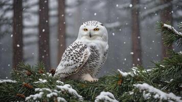 A snowy owl perched on a snow-covered branch amidst falling snow in a forest. photo