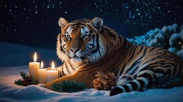 A majestic tiger resting in the snow with candles, creating a serene winter atmosphere. photo