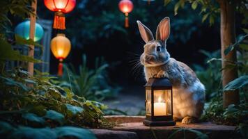 A rabbit beside a lantern in a garden illuminated by colorful lanterns at night. photo