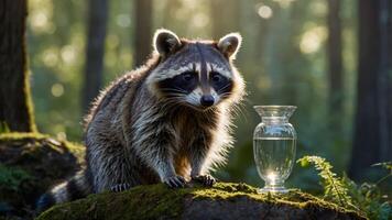 A raccoon sits beside a glass vase filled with water in a sunlit forest. photo