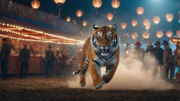 A tiger runs through a carnival scene filled with lights and people. photo