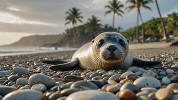 A seal resting on a pebble beach with palm trees and a scenic backdrop. photo
