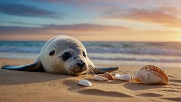 A seal resting on a sandy beach, surrounded by seashells at sunset. photo