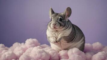 A cute chinchilla sitting on fluffy pink clouds against a purple background. photo