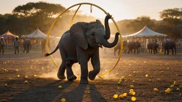 An elephant performs with a hoop, surrounded by a lively audience at sunset. photo